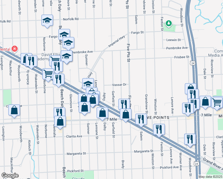 map of restaurants, bars, coffee shops, grocery stores, and more near 19353 Garfield in Redford Charter Township