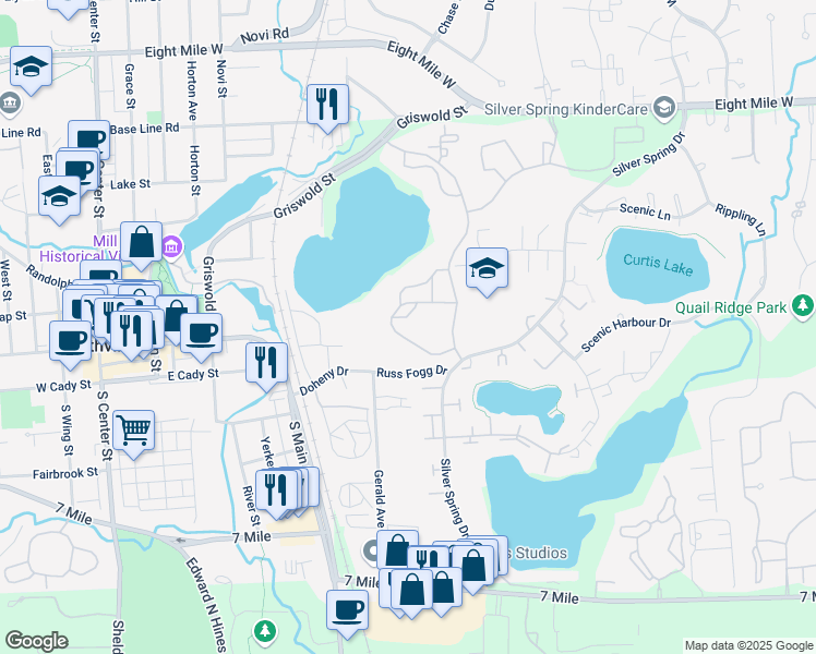 map of restaurants, bars, coffee shops, grocery stores, and more near 20075 Northville Place Drive in Northville