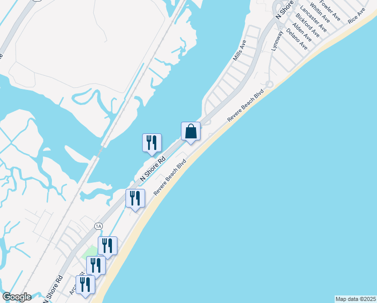 map of restaurants, bars, coffee shops, grocery stores, and more near 596 Revere Beach Boulevard in Revere