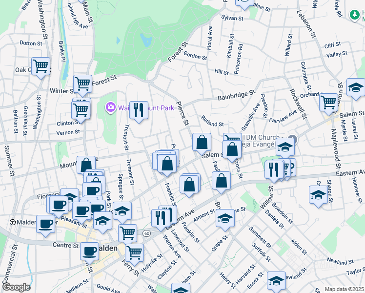 map of restaurants, bars, coffee shops, grocery stores, and more near 18 Kenilworth Street in Malden