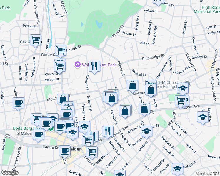 map of restaurants, bars, coffee shops, grocery stores, and more near 75 Wolcott Street in Malden