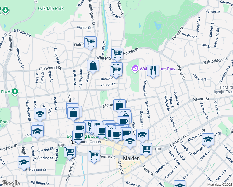 map of restaurants, bars, coffee shops, grocery stores, and more near 16 Clifton Street in Malden