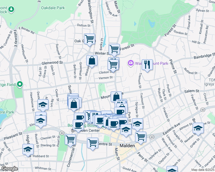 map of restaurants, bars, coffee shops, grocery stores, and more near 16 Clifton Street in Malden