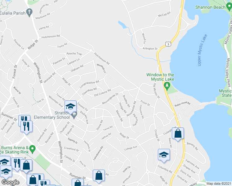 map of restaurants, bars, coffee shops, grocery stores, and more near 6 Old Colony Road in Arlington