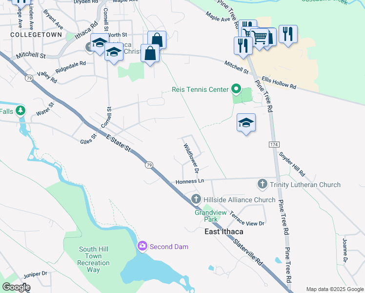 map of restaurants, bars, coffee shops, grocery stores, and more near 240 Wildflower Drive in Ithaca