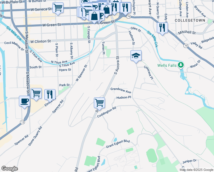 map of restaurants, bars, coffee shops, grocery stores, and more near in Ithaca