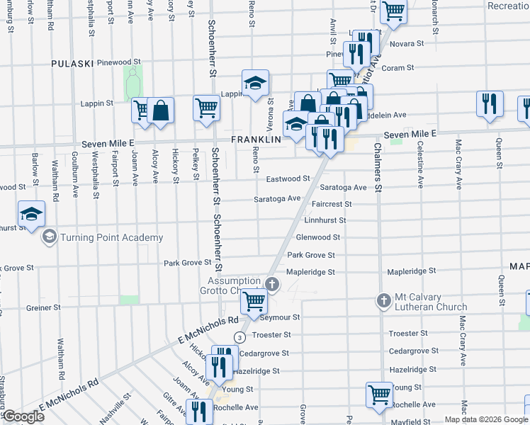 map of restaurants, bars, coffee shops, grocery stores, and more near 13850 Saratoga Avenue in Detroit
