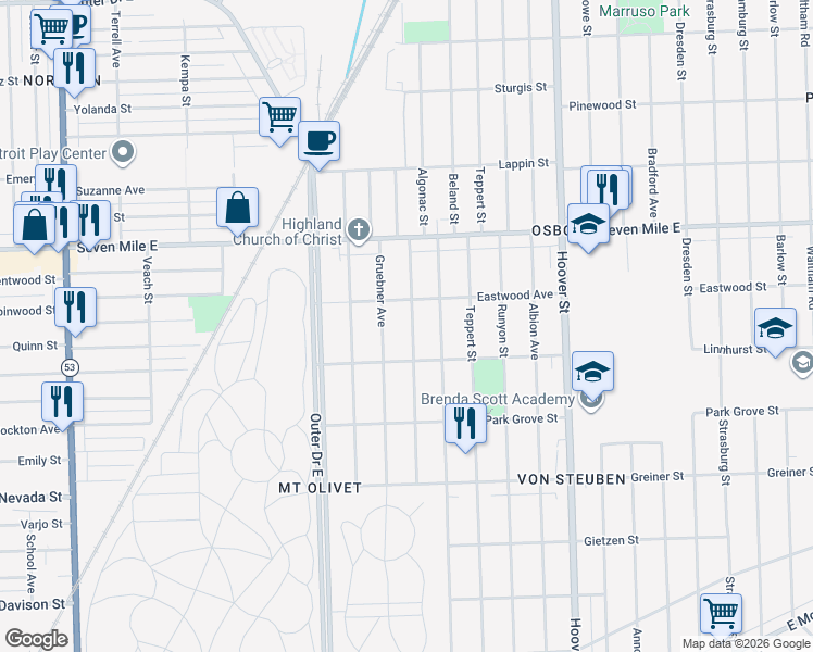 map of restaurants, bars, coffee shops, grocery stores, and more near 18696 Gruebner Avenue in Detroit