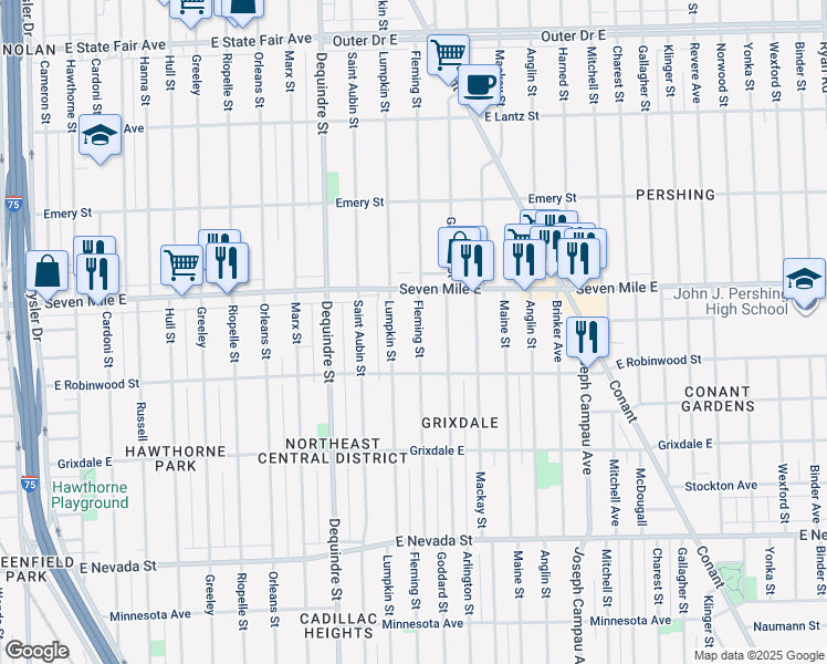 map of restaurants, bars, coffee shops, grocery stores, and more near 18900 Fleming Street in Detroit