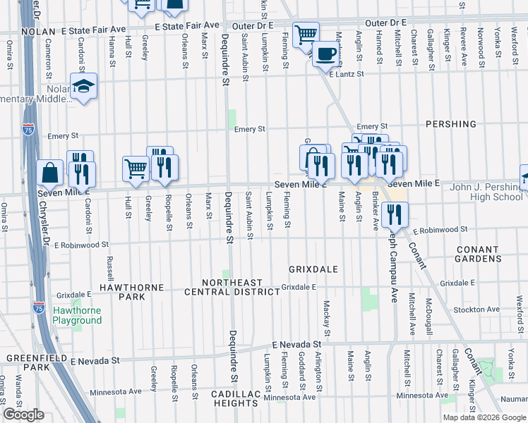 map of restaurants, bars, coffee shops, grocery stores, and more near 18907 Lumpkin Street in Detroit