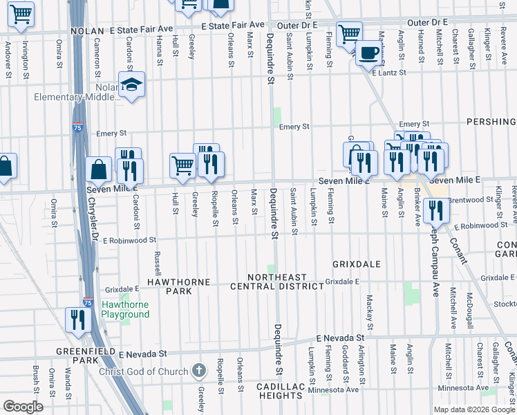 map of restaurants, bars, coffee shops, grocery stores, and more near 18910 Marx Street in Highland Park