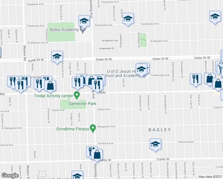 map of restaurants, bars, coffee shops, grocery stores, and more near 19136 Indiana Street in Detroit