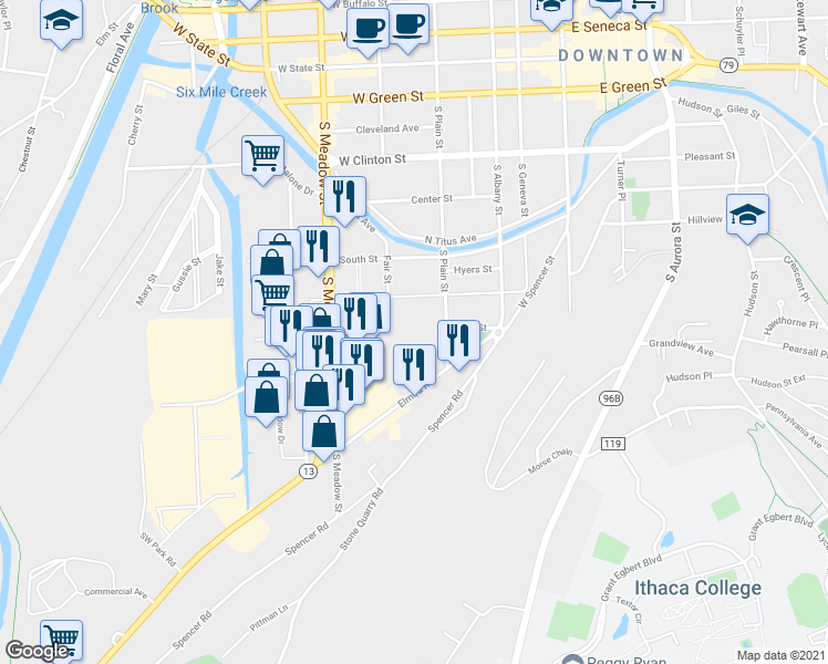 map of restaurants, bars, coffee shops, grocery stores, and more near 800 South Plain Street in Ithaca