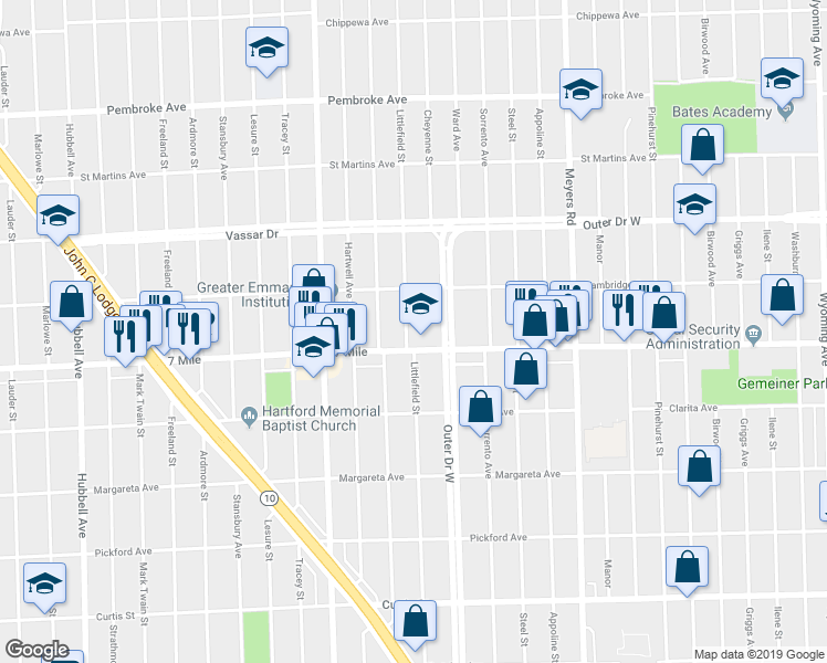 map of restaurants, bars, coffee shops, grocery stores, and more near 19134 Littlefield Street in Detroit