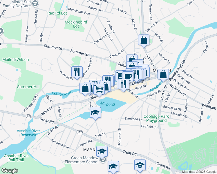 map of restaurants, bars, coffee shops, grocery stores, and more near 19 Railroad Street in Maynard