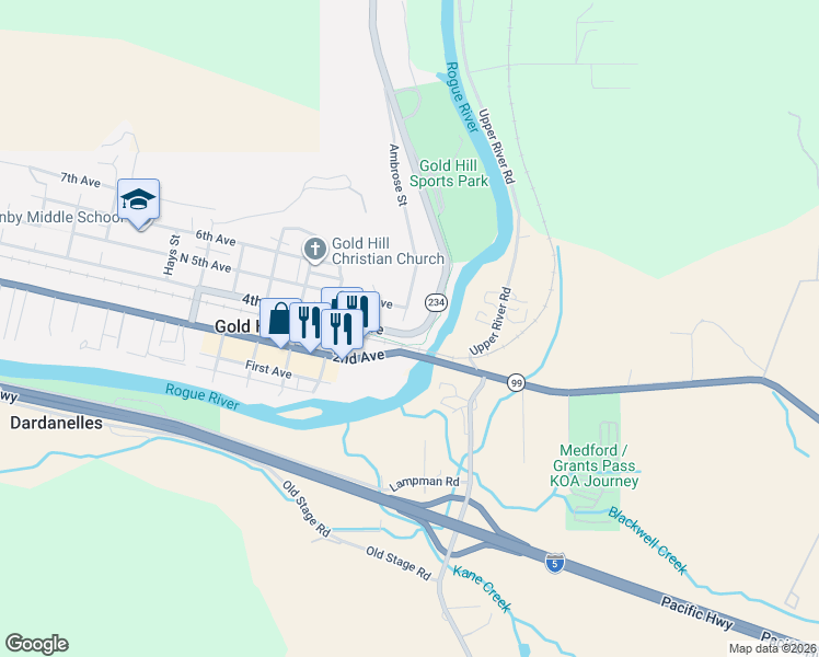 map of restaurants, bars, coffee shops, grocery stores, and more near 465 Ambrose Street in Gold Hill