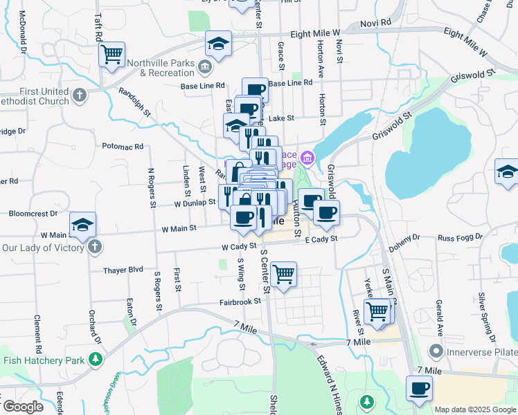 map of restaurants, bars, coffee shops, grocery stores, and more near 137 North Center Street in Northville