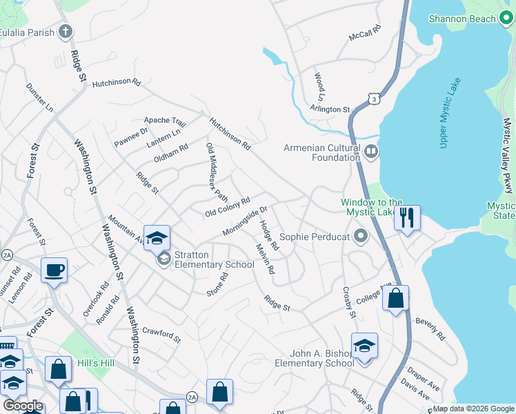 map of restaurants, bars, coffee shops, grocery stores, and more near 6 Old Colony Road in Arlington