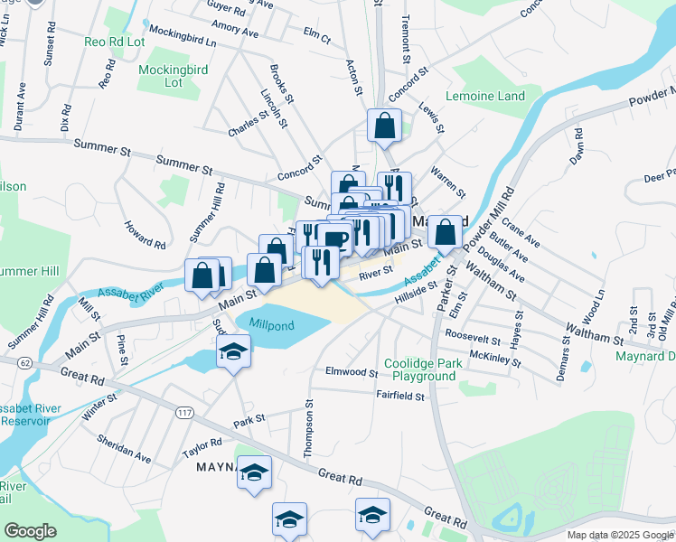 map of restaurants, bars, coffee shops, grocery stores, and more near 94a Main Street in Maynard