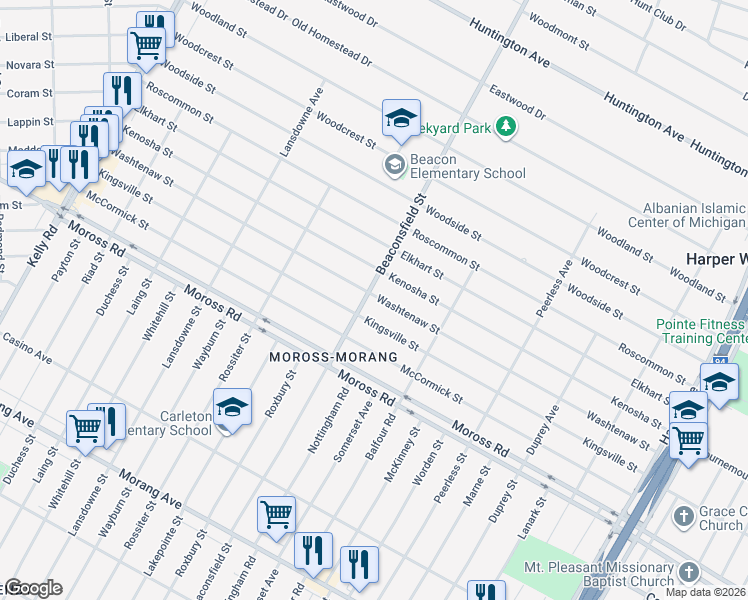 map of restaurants, bars, coffee shops, grocery stores, and more near 19240 Beaconsfield Street in Harper Woods