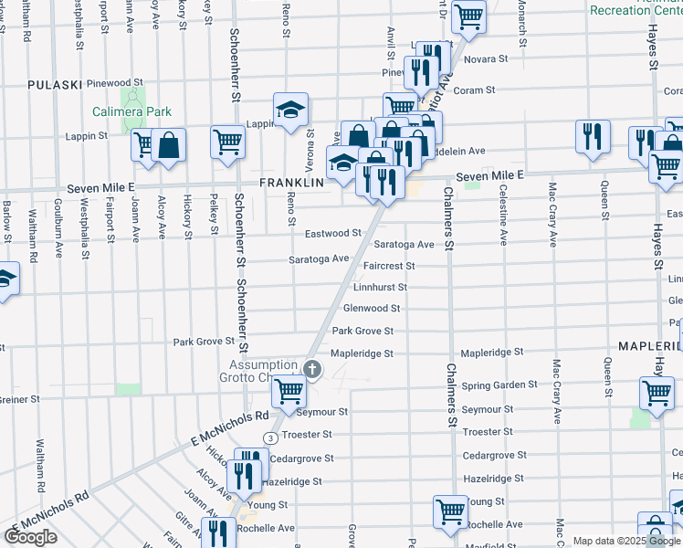 map of restaurants, bars, coffee shops, grocery stores, and more near in Detroit