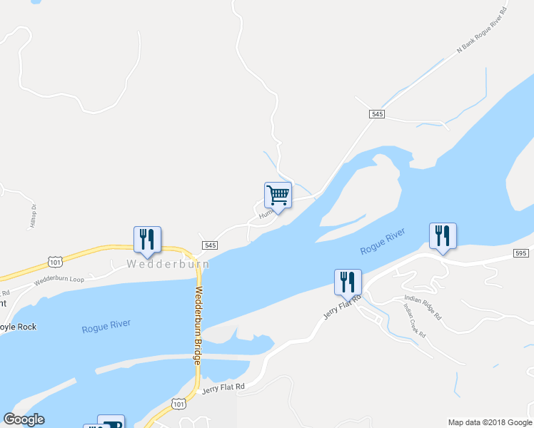 map of restaurants, bars, coffee shops, grocery stores, and more near Hume Road in Gold Beach