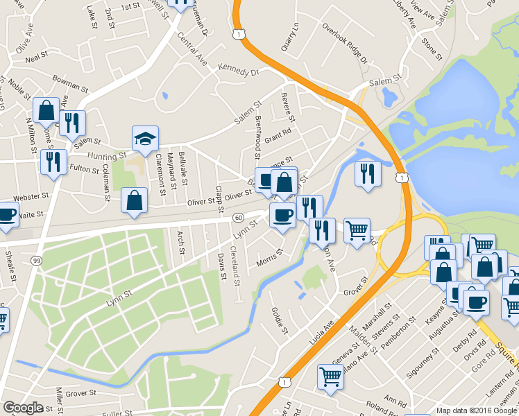 map of restaurants, bars, coffee shops, grocery stores, and more near 1556 Eastern Avenue in Malden
