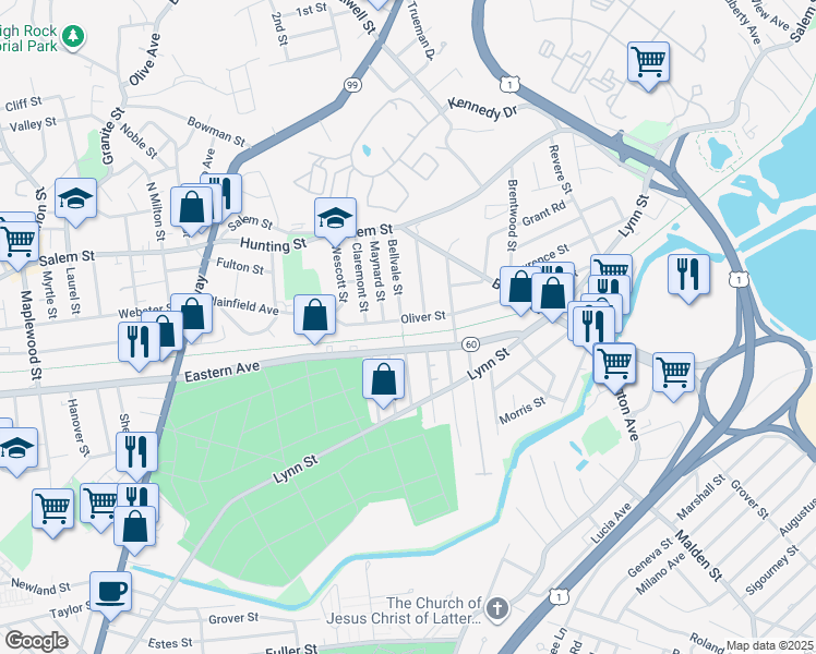 map of restaurants, bars, coffee shops, grocery stores, and more near 172 Oliver Street in Malden
