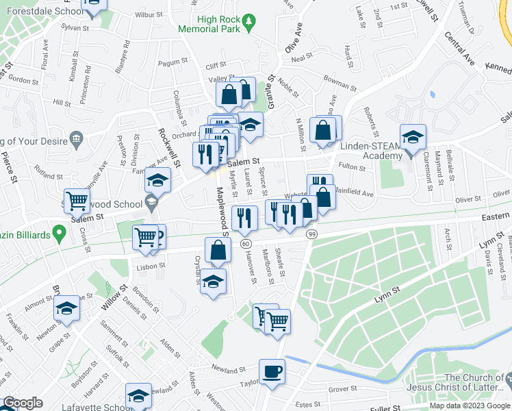 map of restaurants, bars, coffee shops, grocery stores, and more near 147 Webster Street in Malden