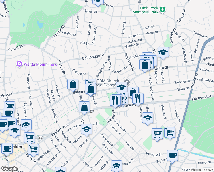 map of restaurants, bars, coffee shops, grocery stores, and more near 47 Seaview Avenue in Malden