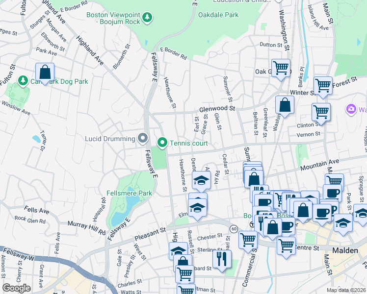 map of restaurants, bars, coffee shops, grocery stores, and more near 129 Hawthorne Street in Malden