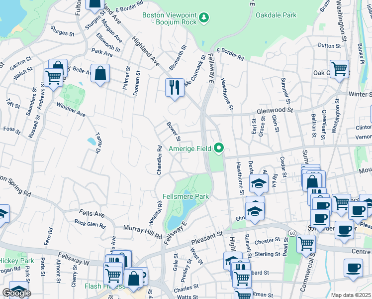 map of restaurants, bars, coffee shops, grocery stores, and more near 40 Clyde Street in Malden