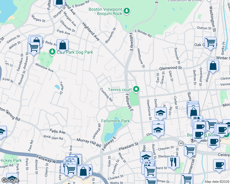 map of restaurants, bars, coffee shops, grocery stores, and more near 40 Clyde Street in Malden