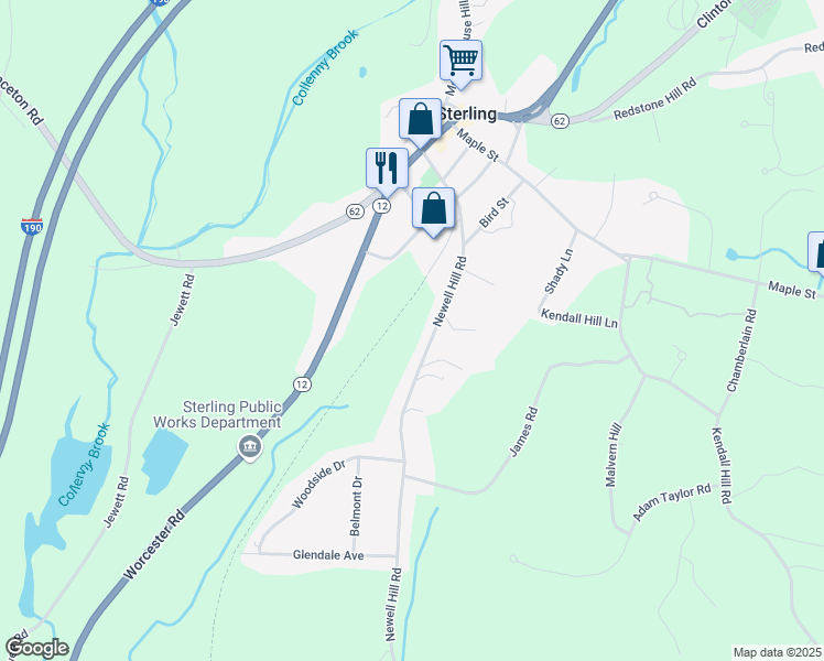 map of restaurants, bars, coffee shops, grocery stores, and more near 21 Newell Hill Road in Sterling