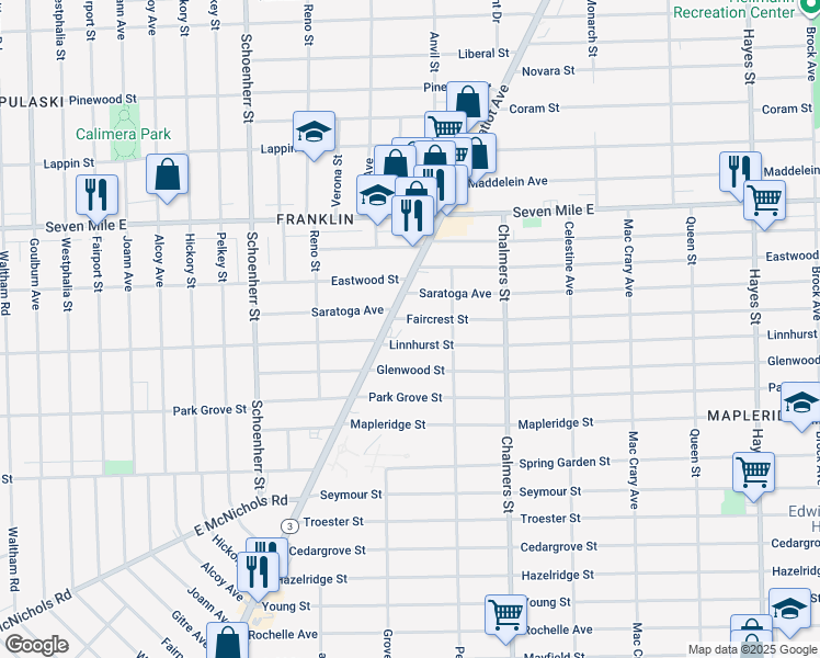 map of restaurants, bars, coffee shops, grocery stores, and more near 14052 Faircrest Street in Detroit
