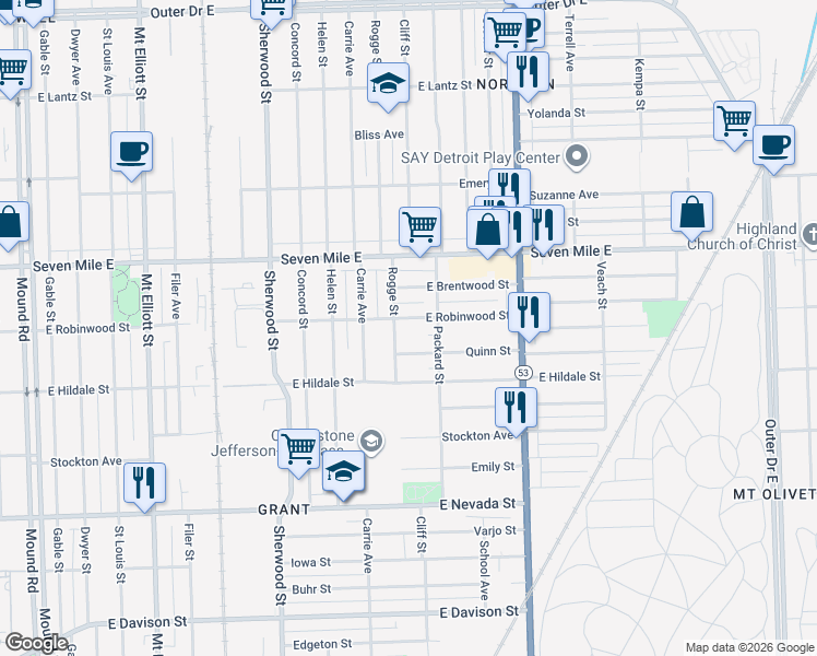 map of restaurants, bars, coffee shops, grocery stores, and more near 7474 East Robinwood Street in Detroit