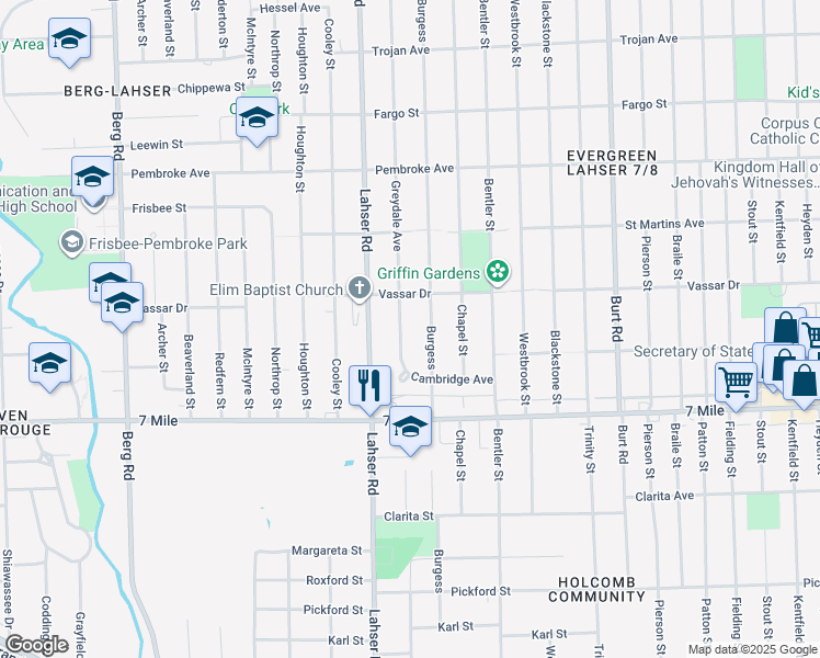 map of restaurants, bars, coffee shops, grocery stores, and more near 19305 Greydale Avenue in Detroit