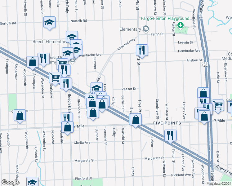map of restaurants, bars, coffee shops, grocery stores, and more near 19330 Dalby in Redford Charter Township