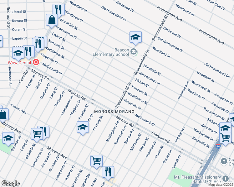 map of restaurants, bars, coffee shops, grocery stores, and more near 19447 Kingsville Street in Harper Woods