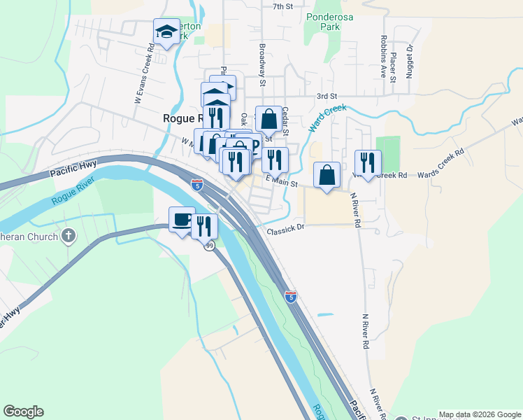 map of restaurants, bars, coffee shops, grocery stores, and more near 214 Arbor Street in Rogue River