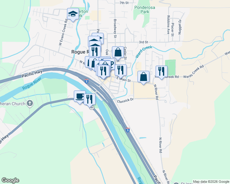 map of restaurants, bars, coffee shops, grocery stores, and more near 207 Madrone Street in Rogue River