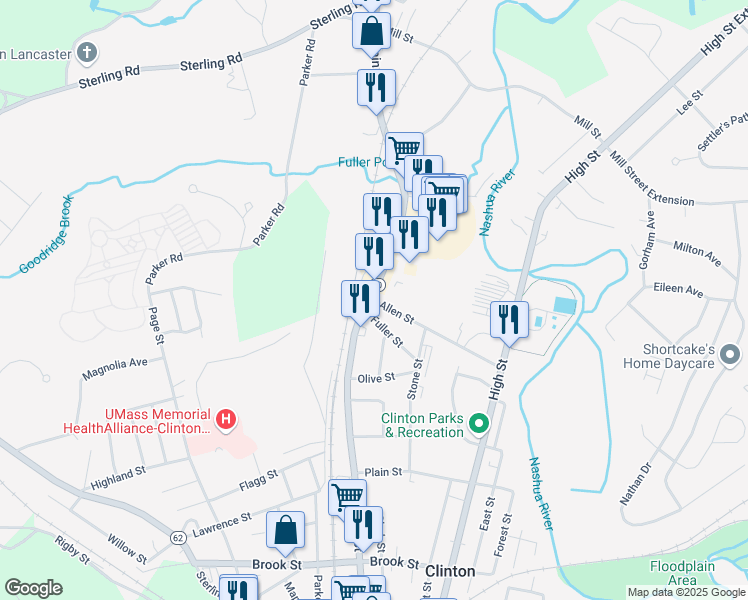 map of restaurants, bars, coffee shops, grocery stores, and more near 5 Allen Street in Clinton