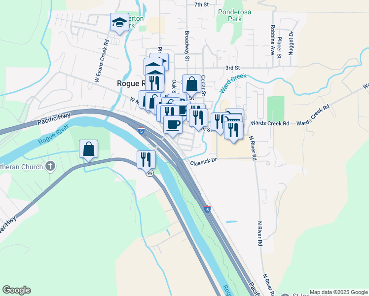 map of restaurants, bars, coffee shops, grocery stores, and more near 214 Arbor Street in Rogue River