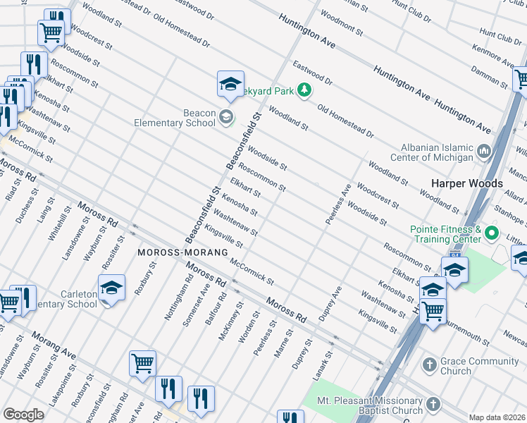 map of restaurants, bars, coffee shops, grocery stores, and more near 19757 Kenosha Street in Harper Woods
