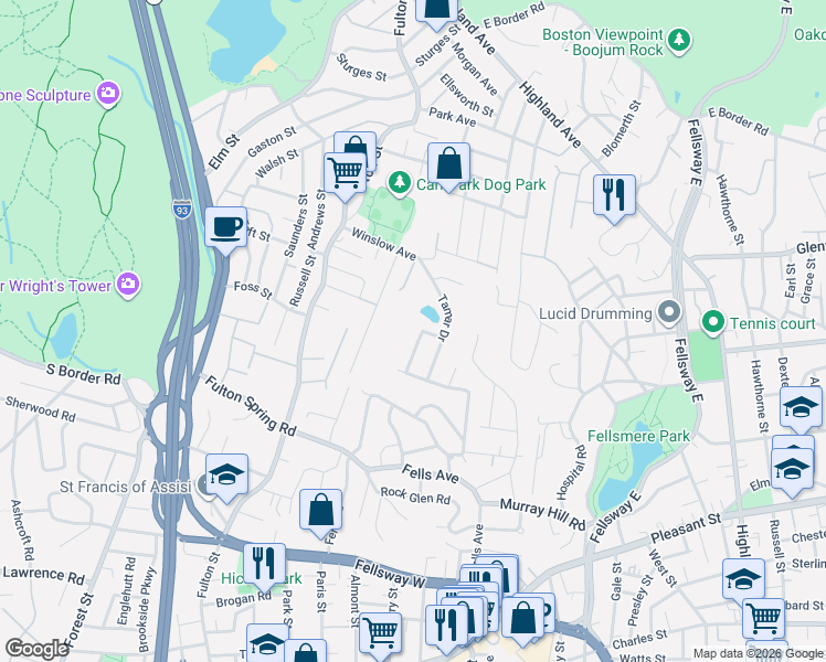 map of restaurants, bars, coffee shops, grocery stores, and more near 10 Nathaniel Road in Medford