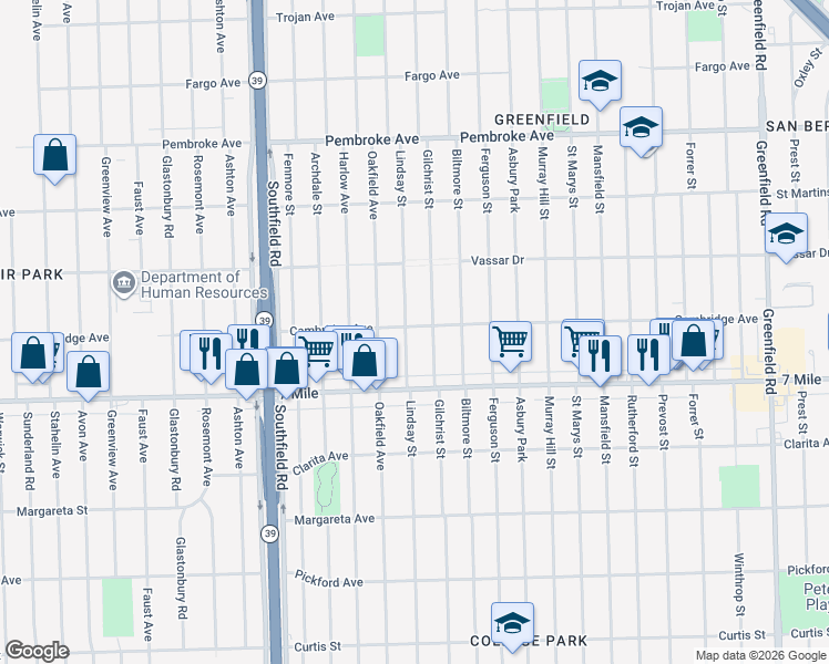 map of restaurants, bars, coffee shops, grocery stores, and more near 19216 Lindsay Street in Detroit