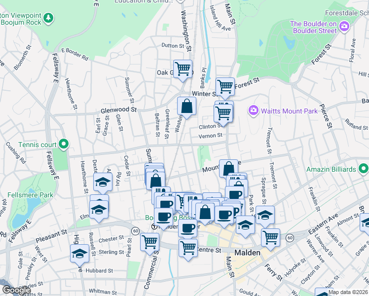 map of restaurants, bars, coffee shops, grocery stores, and more near 92 Clifton Street in Malden