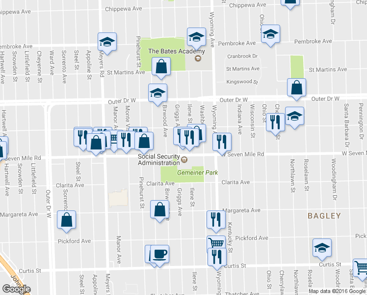 map of restaurants, bars, coffee shops, grocery stores, and more near 19130 Griggs Street in Detroit