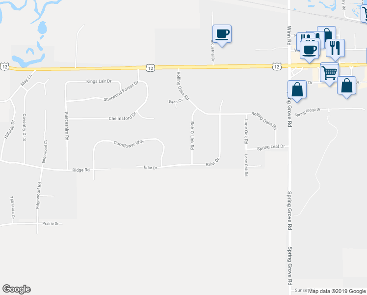map of restaurants, bars, coffee shops, grocery stores, and more near 7209 Bob-O-Link Road in Spring Grove