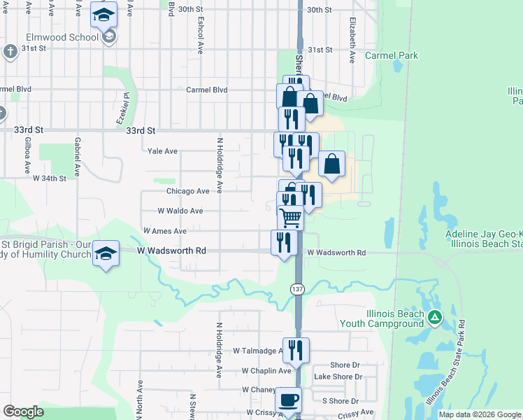 map of restaurants, bars, coffee shops, grocery stores, and more near 3500 Sheridan Road in Zion